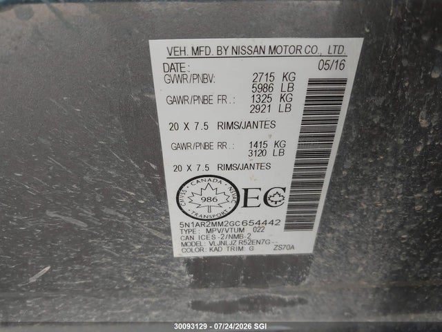 30093129 :رقم المزاد ، 5N1AR2MM2GC654442 vin ، 2016 Nissan Pathfinder S/sv/sl/platinum مزاد بيع