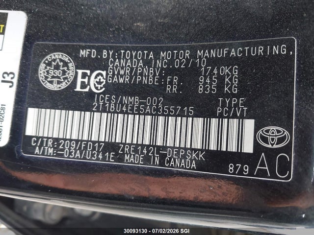 30093130 :رقم المزاد ، 2T1BU4EE5AC355715 vin ، 2010 Toyota Corolla S/le/xle مزاد بيع