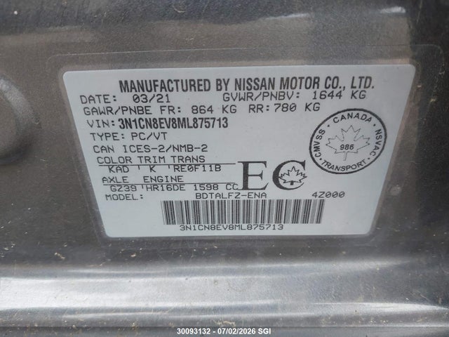 Aukcja sprzedaży 2021 Nissan Versa Sv, vin: 3N1CN8EV8ML875713, numer aukcji: 30093132