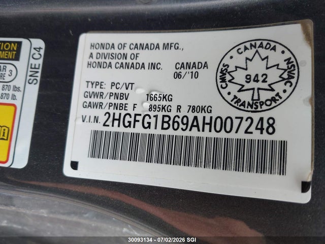 2010 Honda Civic Lx მანქანა იყიდება აუქციონზე, vin: 2HGFG1B69AH007248, აუქციონის ნომერი: 30093134