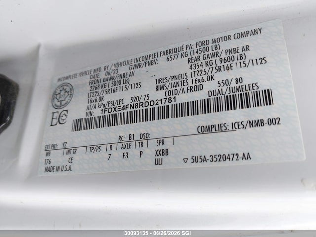 30093135 :رقم المزاد ، 1FDXE4FN8RDD21781 vin ، 2024 Ford Econoline E450 Super Duty Cutaway Van مزاد بيع