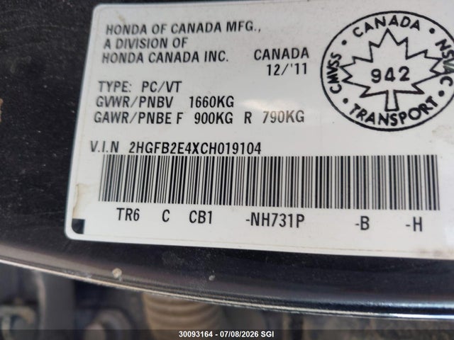2012 Honda Civic Lx მანქანა იყიდება აუქციონზე, vin: 2HGFB2E4XCH019104, აუქციონის ნომერი: 30093164