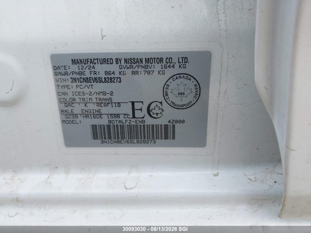 2025 Nissan Versa Sv მანქანა იყიდება აუქციონზე, vin: 3N1CN8EV6SL828273, აუქციონის ნომერი: 30093030