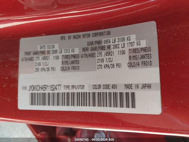 Продаж на аукціоні авто 2024 Mazda Cx-90 Premium, vin: JM3KKDHA6R1162477, номер лоту: 30090745