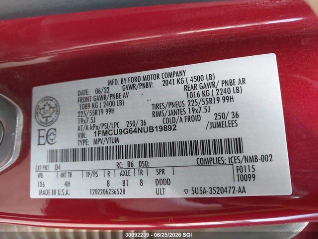 30092239 :رقم المزاد ، 1FMCU9G64NUB19892 vin ، 2022 Ford Escape Se مزاد بيع
