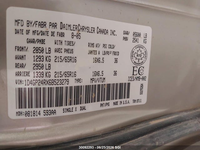 2006 Dodge Grand Caravan Se მანქანა იყიდება აუქციონზე, vin: 1D4GP24RX6B523279, აუქციონის ნომერი: 30092293