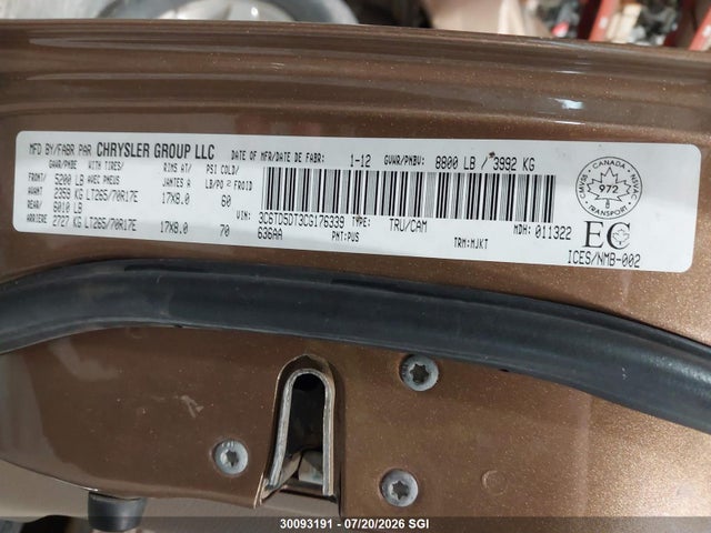 2012 Dodge Ram 2500 Slt მანქანა იყიდება აუქციონზე, vin: 3C6TD5DT3CG176339, აუქციონის ნომერი: 30093191