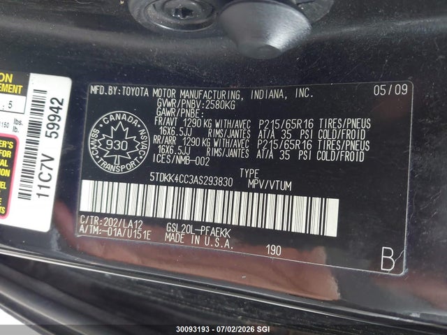 30093193 :رقم المزاد ، 5TDKK4CC3AS293830 vin ، 2010 Toyota Sienna Ce/le مزاد بيع