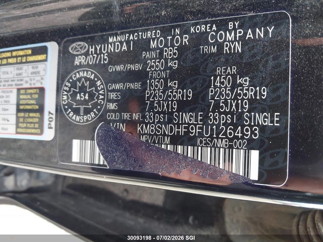 30093198 :رقم المزاد ، KM8SNDHF9FU126493 vin ، 2015 Hyundai Santa Fe Gls/limited مزاد بيع