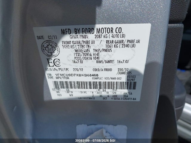 30093199 :رقم المزاد ، 1FMCU9D7XBKB68468 vin ، 2011 Ford Escape Xlt مزاد بيع