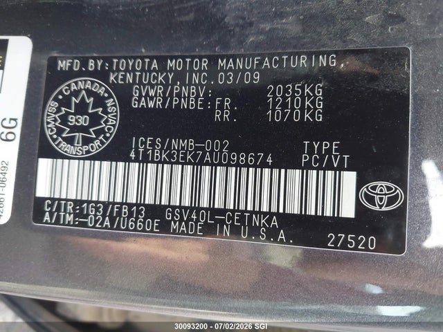 Продажа на аукционе авто 2010 Toyota Camry Se/le/xle, vin: 4T1BK3EK7AU098674, номер лота: 30093200