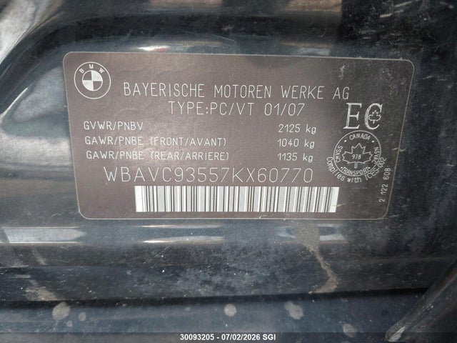 30093205 :رقم المزاد ، WBAVC93557KX60770 vin ، 2007 Bmw 328 Xi مزاد بيع