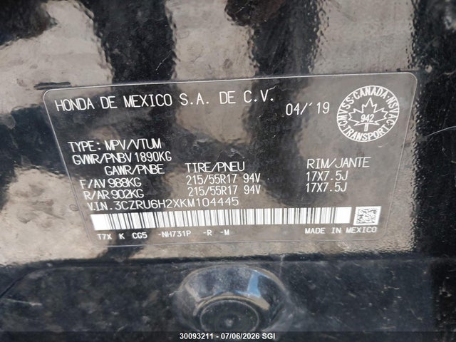 2019 Honda Hr-v Sport მანქანა იყიდება აუქციონზე, vin: 3CZRU6H2XKM104445, აუქციონის ნომერი: 30093211