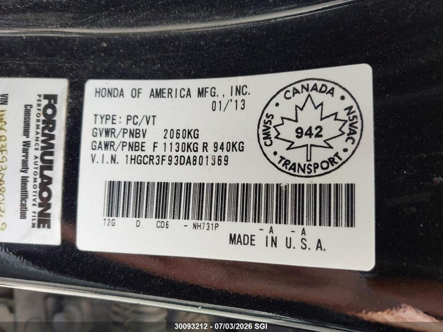 2013 Honda Accord Touring მანქანა იყიდება აუქციონზე, vin: 1HGCR3F93DA801369, აუქციონის ნომერი: 30093212