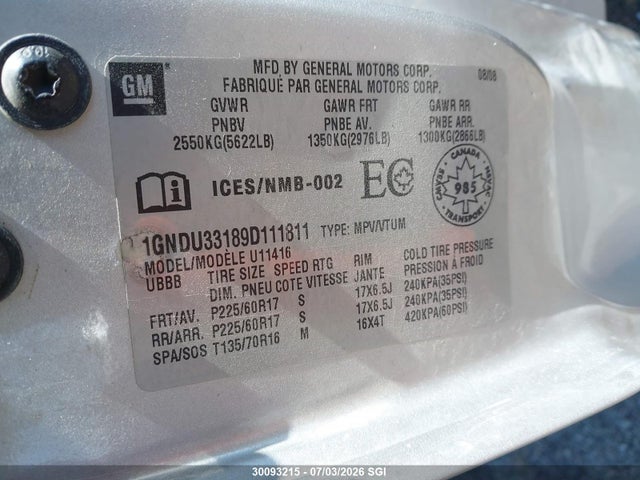 30093215 :رقم المزاد ، 1GNDU33189D111811 vin ، 2009 Chevrolet Uplander Lt مزاد بيع