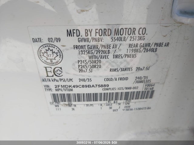 30093216 :رقم المزاد ، 2FMDK49C89BA75889 vin ، 2009 Ford Edge Limited مزاد بيع
