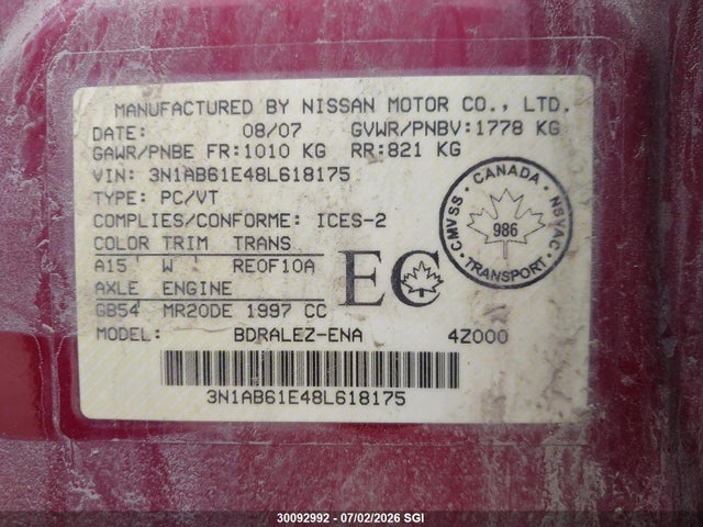 Продаж на аукціоні авто 2008 Nissan Sentra 2.0/2.0s/2.0sl, vin: 3N1AB61E48L618175, номер лоту: 30092992