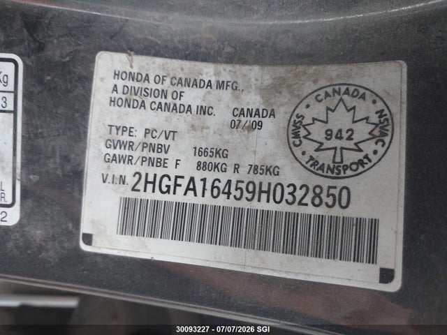2009 Honda Civic Dx-g მანქანა იყიდება აუქციონზე, vin: 2HGFA16459H032850, აუქციონის ნომერი: 30093227