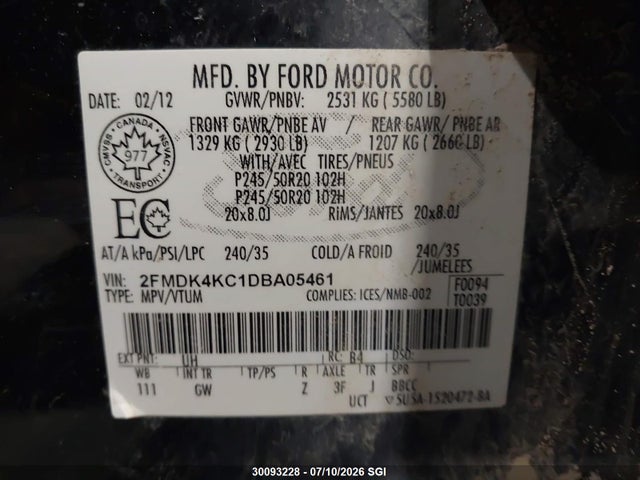 2013 Ford Edge Limited მანქანა იყიდება აუქციონზე, vin: 2FMDK4KC1DBA05461, აუქციონის ნომერი: 30093228