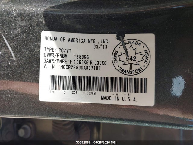 Продаж на аукціоні авто 2013 Honda Accord Exl, vin: 1HGCR2F80DA807101, номер лоту: 30092867