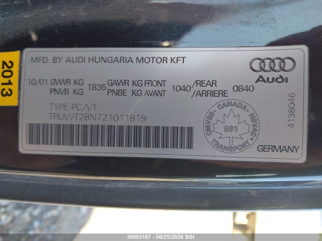 2002 Audi Tt Quaro მანქანა იყიდება აუქციონზე, vin: TRUWT28N721011819, აუქციონის ნომერი: 30093167