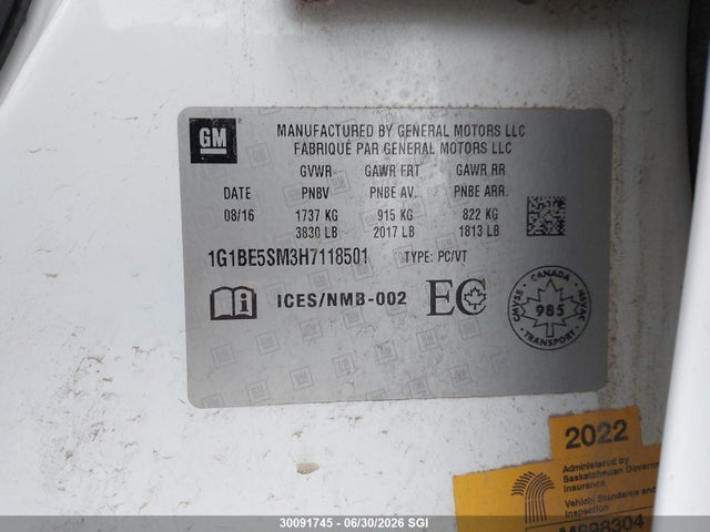 30091745 :رقم المزاد ، 1G1BE5SM3H7118501 vin ، 2017 Chevrolet Cruze Lt مزاد بيع