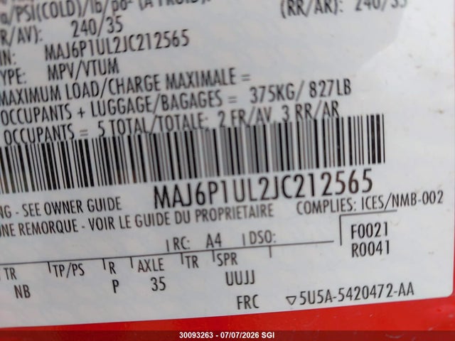 30093263 :رقم المزاد ، MAJ6P1UL2JC212565 vin ، 2018 Ford Ecosport Se مزاد بيع