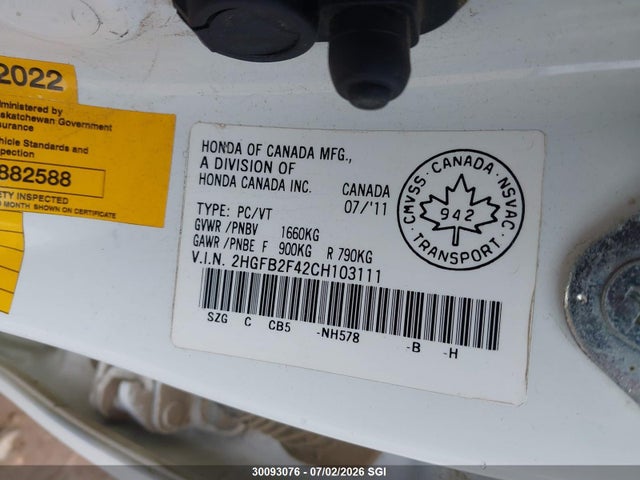 Aukcja sprzedaży 2012 Honda Civic Lx, vin: 2HGFB2F42CH103111, numer aukcji: 30093076