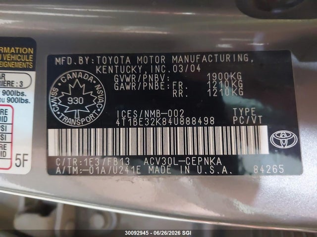 30092945 :رقم المزاد ، 4T1BE32K84U888498 vin ، 2004 Toyota Camry Le/xle/se مزاد بيع