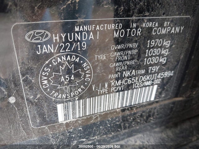 Продаж на аукціоні авто 2019 Hyundai Ioniq, vin: KMHC65LD6KU145994, номер лоту: 30092500