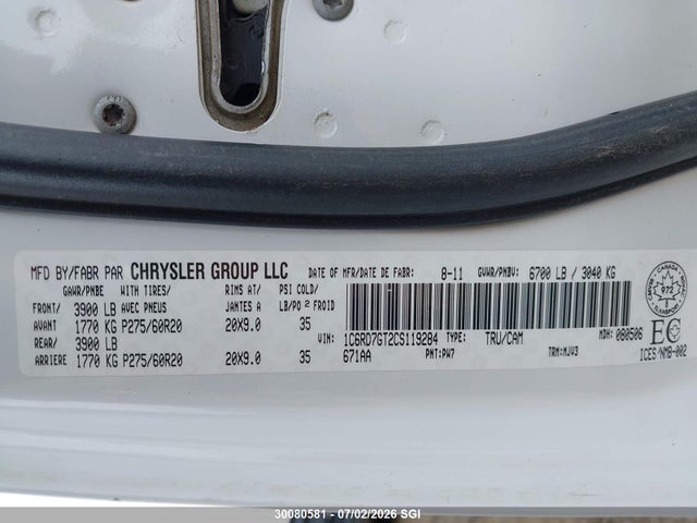 30080581 :رقم المزاد ، 1C6RD7GT2CS119284 vin ، 2012 Dodge Ram 1500 Slt مزاد بيع