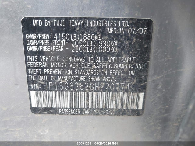 Aukcja sprzedaży 2008 Subaru Forester 2.5x, vin: JF1SG63638H720774, numer aukcji: 30091233
