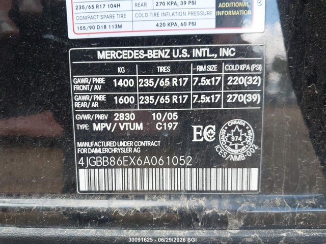 30091625 :رقم المزاد ، 4JGBB86EX6A061052 vin ، 2006 Mercedes-benz Ml 350 مزاد بيع