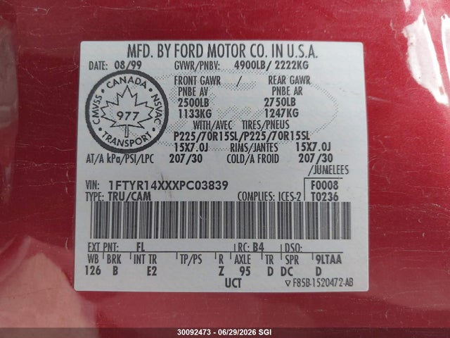 Продаж на аукціоні авто 1999 Ford Ranger Super Cab, vin: 1FTYR14XXXPC03839, номер лоту: 30092473