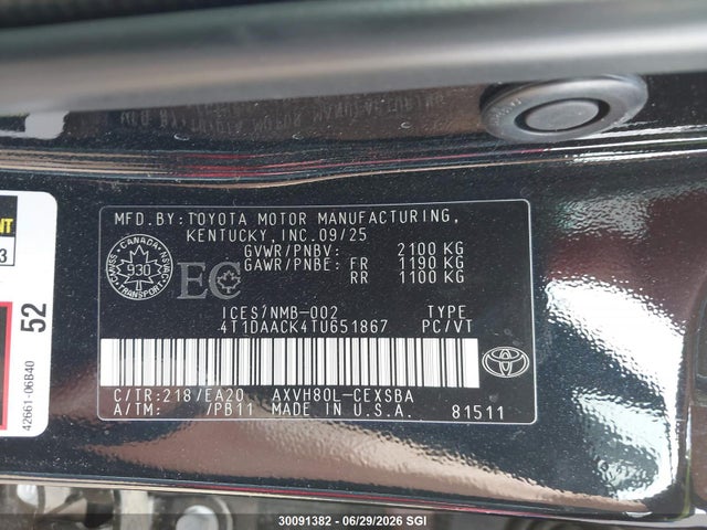 2026 Toyota Camry Xse/night Shade/le/xle/se მანქანა იყიდება აუქციონზე, vin: 4T1DAACK4TU651867, აუქციონის ნომერი: 30091382