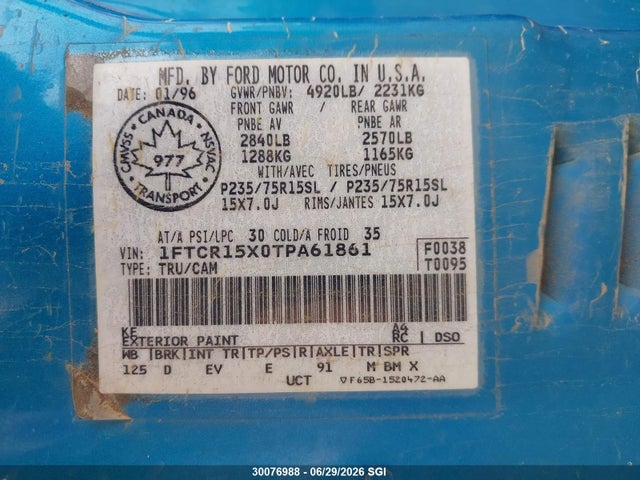 Auction sale of the 1996 Ford Ranger Super Cab, vin: 1FTCR15X0TPA61861, lot number: 30076988