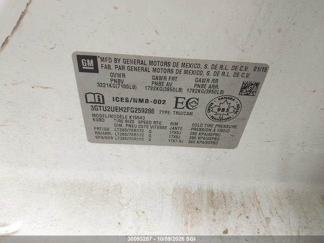 30093287 :رقم المزاد ، 3GTU2UEH2FG259286 vin ، 2015 Gmc Sierra K1500 Sle مزاد بيع