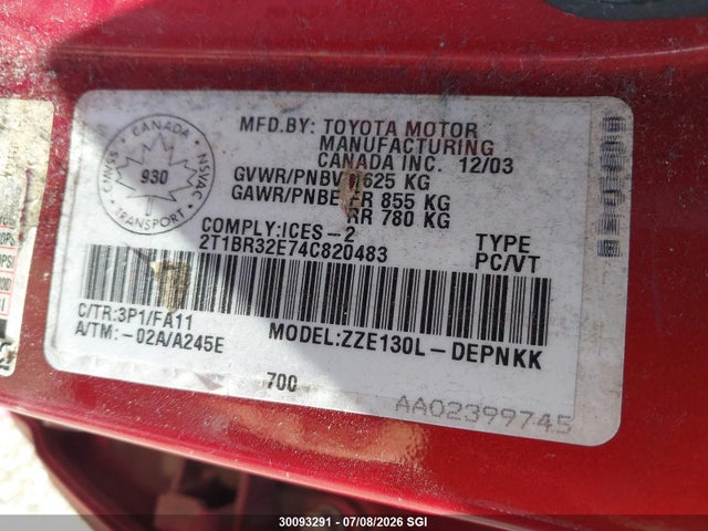 Продажа на аукционе авто 2004 Toyota Corolla Ce/le/s, vin: 2T1BR32E74C820483, номер лота: 30093291