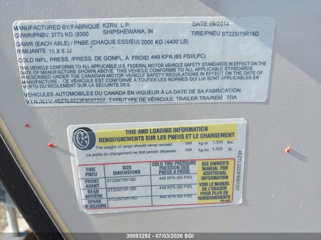 Aukcja sprzedaży 2015 Kz Inc. Connect, vin: 4EZTL3223F8097207, numer aukcji: 30093292