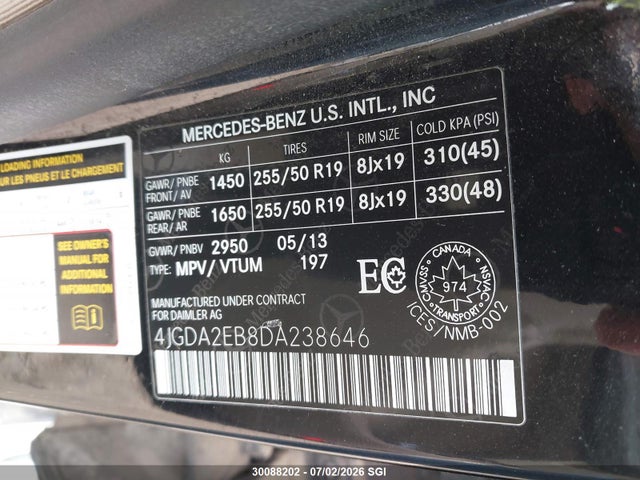 30088202 :رقم المزاد ، 4JGDA2EB8DA238646 vin ، 2013 Mercedes-benz Ml 350 Bluetec مزاد بيع