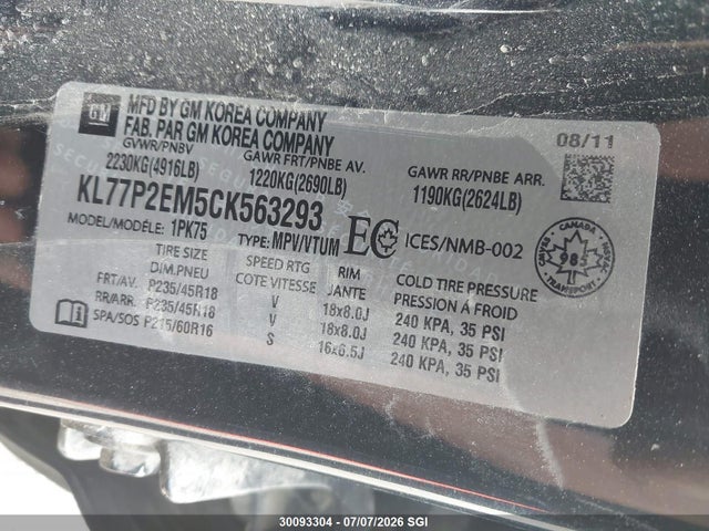 Продажа на аукционе авто 2012 Chevrolet Orlando Lt, vin: KL77P2EM5CK563293, номер лота: 30093304