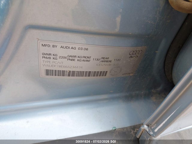 Продаж на аукціоні авто 2006 Audi A4 2.0t Quattro, vin: WAUDF78E66A234474, номер лоту: 30091824