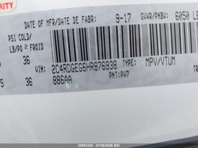 30093329 :رقم المزاد ، 2C4RDGEG6HR876938 vin ، 2017 Dodge Grand Caravan Gt مزاد بيع