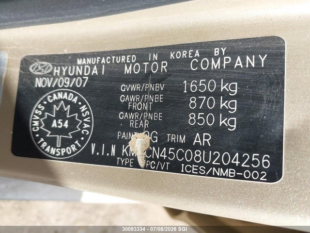 Продажа на аукционе авто 2008 Hyundai Accent Gls, vin: KMHCN45C08U204256, номер лота: 30093334