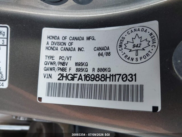 2008 Honda Civic Exl მანქანა იყიდება აუქციონზე, vin: 2HGFA16988H117031, აუქციონის ნომერი: 30093354
