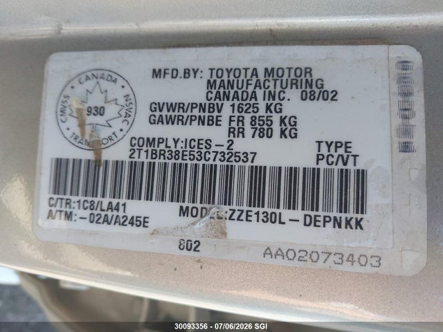Продажа на аукционе авто 2003 Toyota Corolla Ce/le/s, vin: 2T1BR38E53C732537, номер лота: 30093356