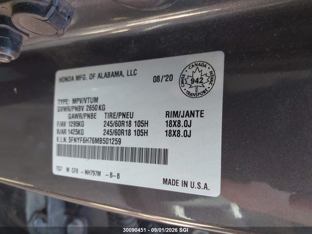 5FNYF6H76MB501259 Honda Pilot Black