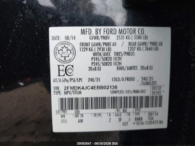 Продаж на аукціоні авто 2014 Ford Edge Sel, vin: 2FMDK4JC4EBB02138, номер лоту: 30092847