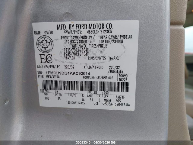 Продаж на аукціоні авто 2010 Ford Escape Xlt, vin: 1FMCU9DG1AKC92014, номер лоту: 30093340