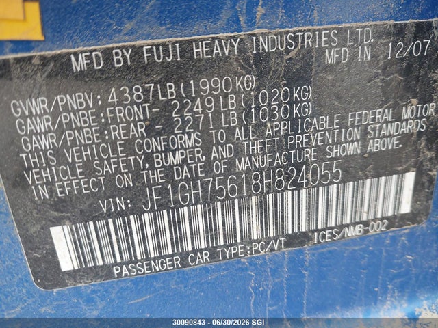 Aukcja sprzedaży 2008 Subaru Impreza Wrx Premium, vin: JF1GH75618H824055, numer aukcji: 30090843
